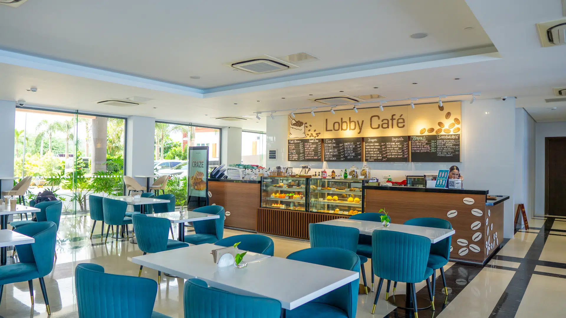 Lobby cafe counter and seating